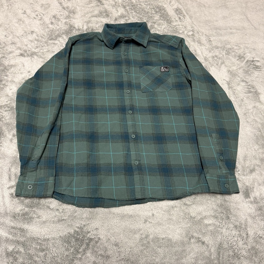 Fintech Shirt Mens Size L Green Plaid Flannel Button Up Long Sleeve